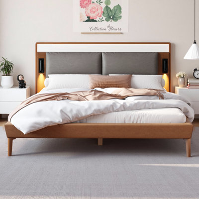 Brown & Gray Leather Bed with 2 LED Night Lights - Industrial Style Platform Bed, 800 lb Capacity, No Box Spring Needed, Modern Bedroom Furniture with Ergonomic Headboard