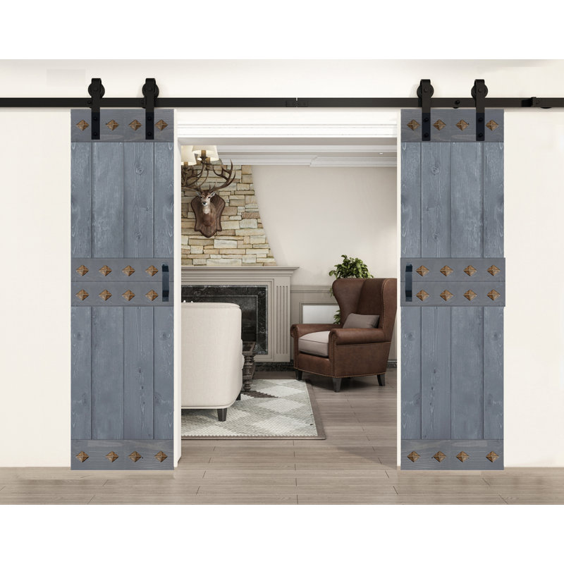 Porte de grange à panneaux et en bois avec quincaillerie d'installation, 48 po x 84 po, Gris français