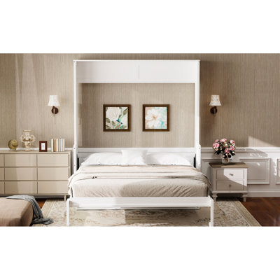 Grand lit avec bureau, éclairage de charge et à DEL - blanc, lit mural peu encombrant, look moderne, station d'éclairage pour bureau robuste, pour bureau à domicile, design, facile à installer
