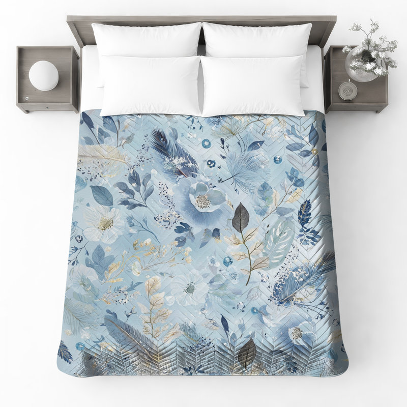 Couvre-lit matelassé à motif floral bleu, Grand lit