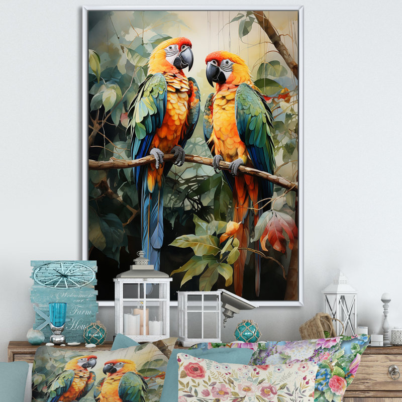 Deux perroquets sur une branche III - reproduction, H 44 po x l 34 po, Encadrement doré
