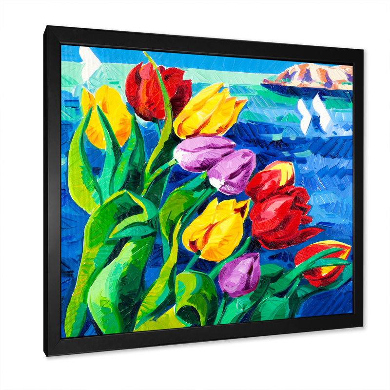Tulipes sur l'océan - reproduction d'art murale traditionnelle en bois, H 16 po x l 16 po x P 1 po, Toile avec cadre noir