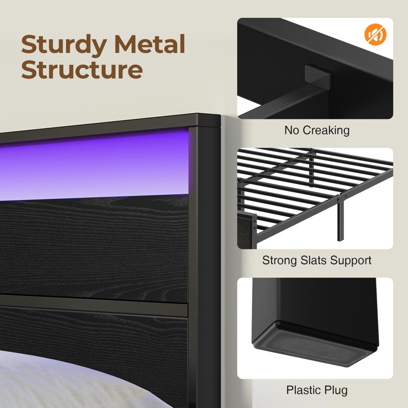 Full Metal Platform Bed with LED Lighted Wood Headboard and Charging Station