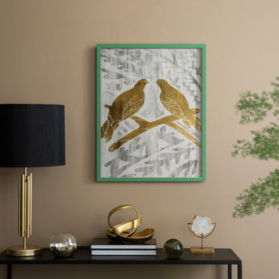 Deux tortues colombes - reproduction encadrée des feuilles d'or - bois massif