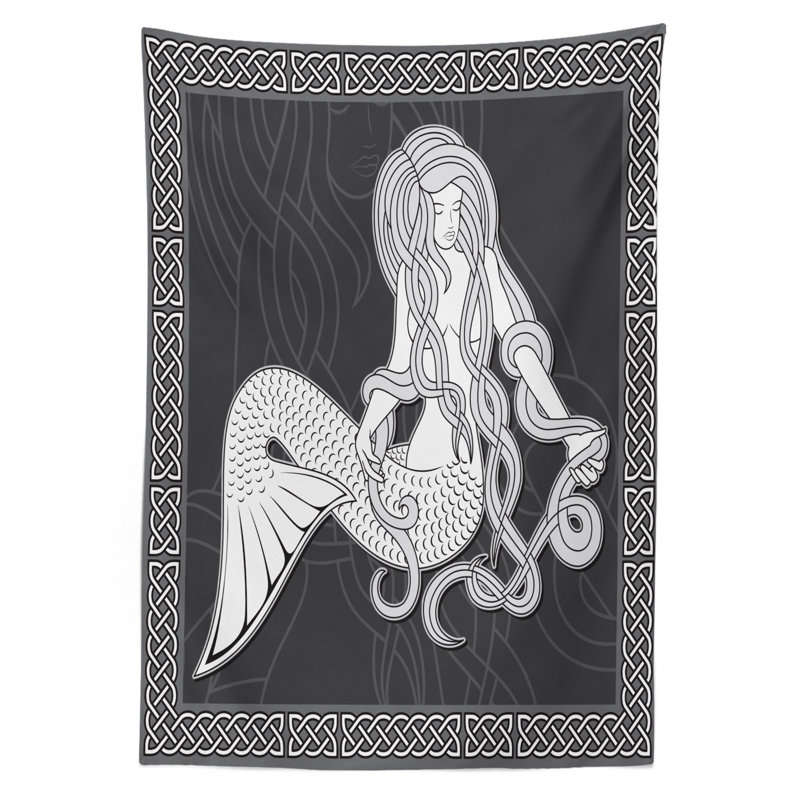 Ambesonne Mermaid Tablecloth, Retro Art Illustration Of A Mermaid Brushing Hair And Border With Celtic Patterns, Rectangular Table Cover For Dining Room Kitchen Decor, 52" X 70", Brown White
