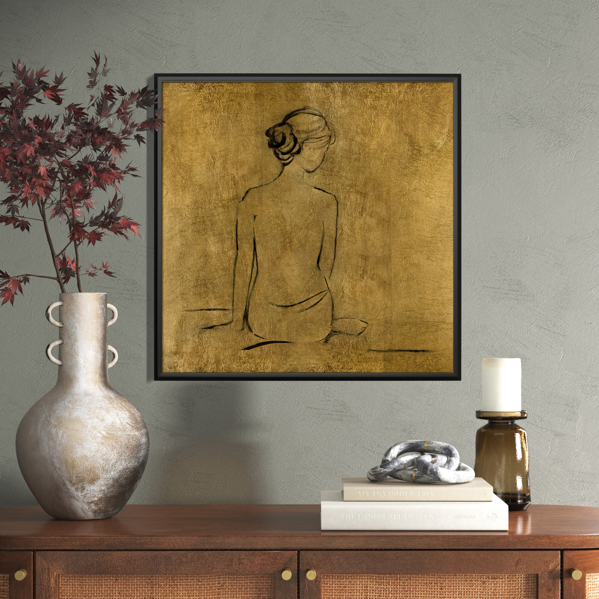 Golden Bather I by Sally Swatland - Painting Print, 25.5" H x 25.5" W x 2" D, Black Framed Canvas