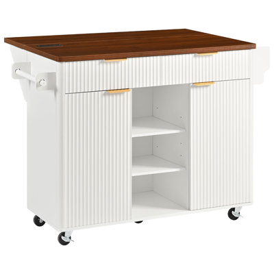 52" Fluted Kitchen Island with Drop Leaf, Power Outlet, Kitchen Storage Cart with Adjustable Shelves, 2 Doors and 2 Drawers, Rolling Island Table with Faux Marble Top for Kitchen