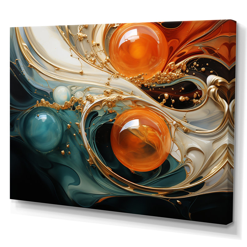 Planète vagues orange et or II - art mural abstrait, Toile tendue, H 12 po x l 20 po x P 1 po