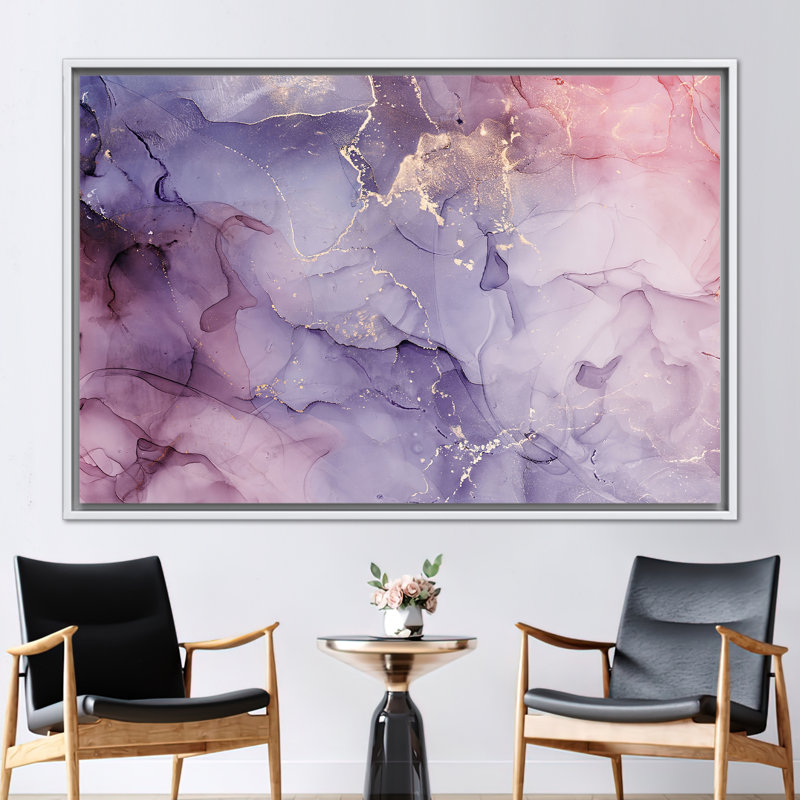Abstract Marble Art Canvas - Modern Shimmery Wall Decor with Alcohol Ink, White, Floater Framed Print without Mat