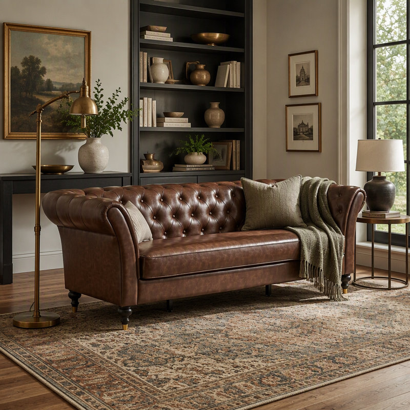 Canapé Chesterfield en similicuir brun cognac de 88,5 pouces avec capitonnage à boutons