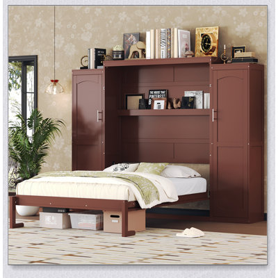 Murphy Bed, Wooden Wall Bed with 2 Wardrobe and Storage Shelf, Multifunctional Foldable Platform Bedframe for Guest-Room, Bedroom