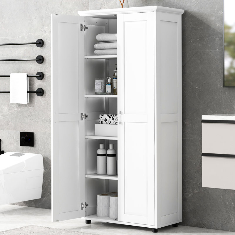 Armoire de rangement à 2 portes pour salle de bain et bureau, blanc, avec tablettes réglables et unité de bureau basculante, rangement amélioré
