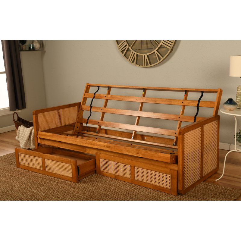 Full-size Futon Frame with Storage in Honey Finish, Mattress not Included