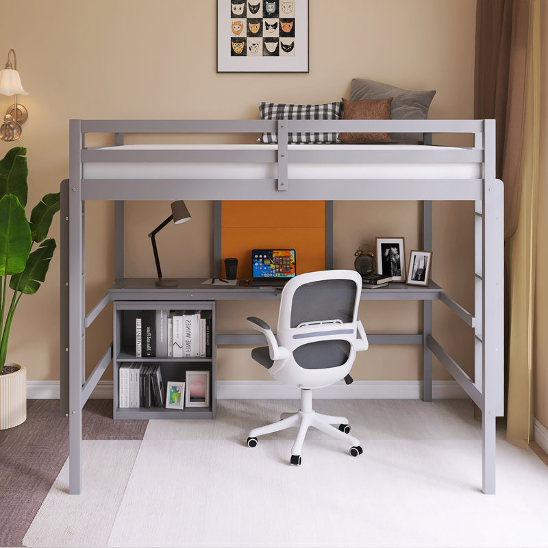 Lit mezzanine à structure en bois avec bureau et tableau d'écriture, Gris, Lit double