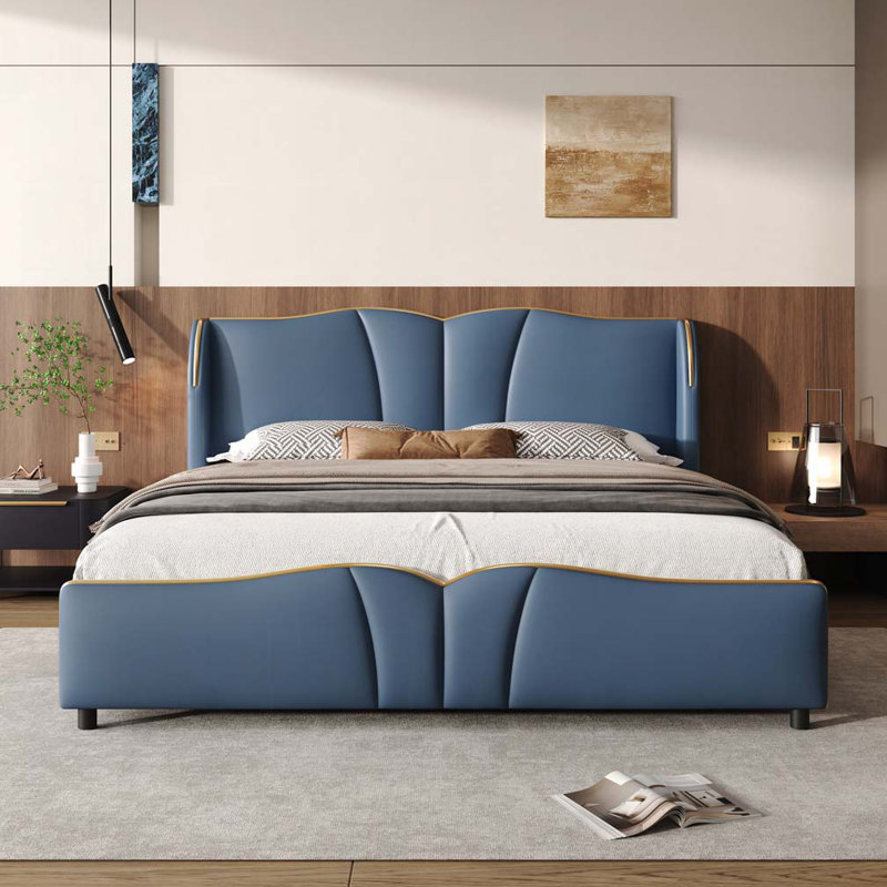 Leather Upholstered Bed Frame, Antique Blue, Queen