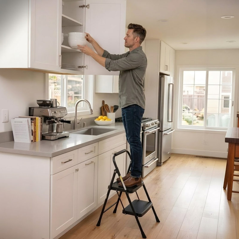 Escabeau robuste à 2 marches Simpli-Magic, escabeau pliant d'une capacité de 800 lb, certifié ANSI, marches antidérapantes, main courante robuste, conception en acier léger portable pour la maison, la cuisine et le bureau, noir