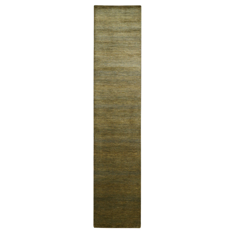 Tapis de couloir oriental brun doré, laine et soie 2 pi 8 po x 12 pi 2 po, noué à la main, tissage plus dense, doux au toucher