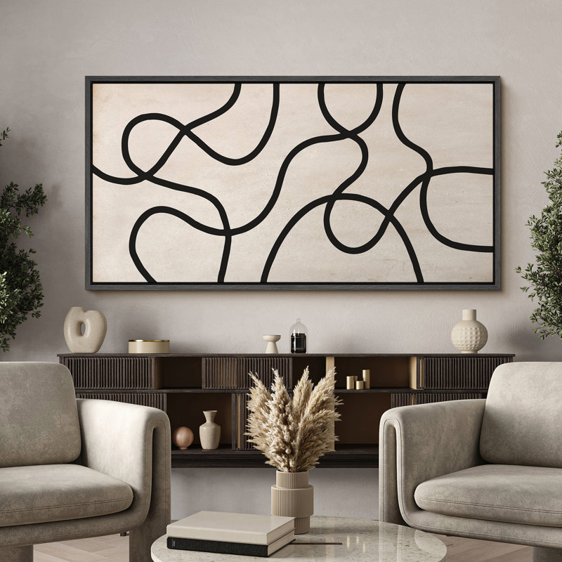 Lignes noires abstraites sur art moderne beige, H 30 po x l 60 po, Black