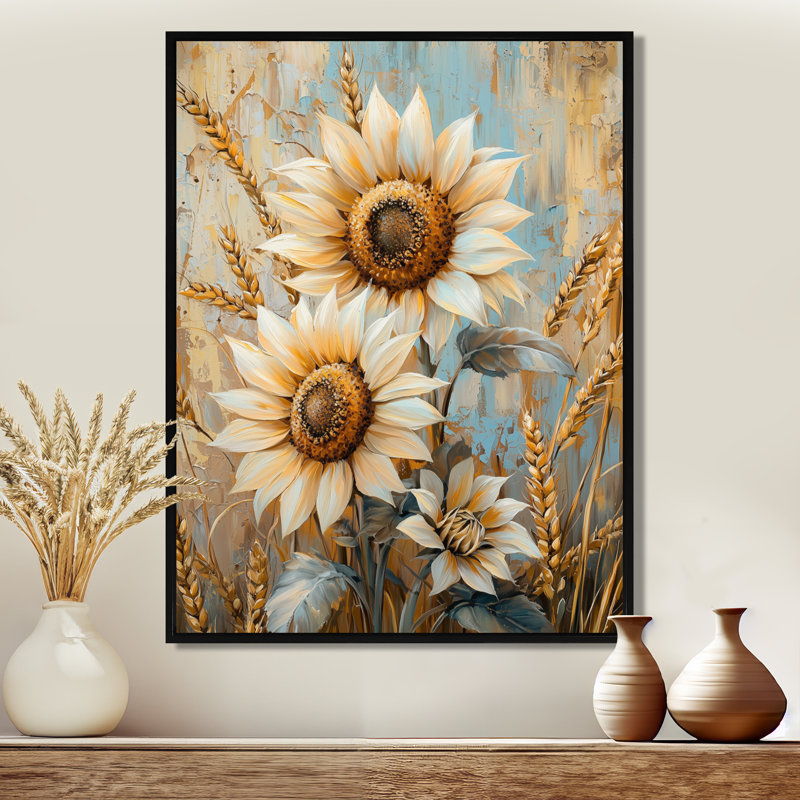 «Domonike Sunflowers In The Wheat Barnyard I» - Art mural tournesols, H 20 po x l 12 po, Reproduction avec cadre flottant