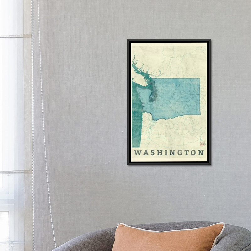 «Washington Map», impression sur toile, H 26 po x l 18 po x P 1,5 po, Toile avec cadre noir, Pas de tapis