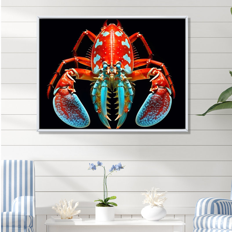 Photo de crevette mante rouge et turquoise sur toile, Cadre flottant blanc, 16" H x 32" W x 1" D