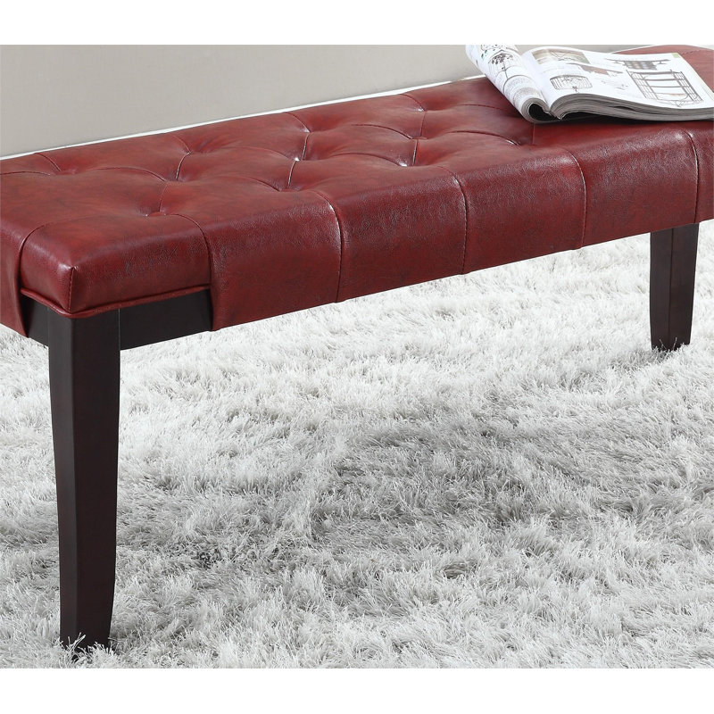 Banc rembourré en bois massif, Cuir rouge