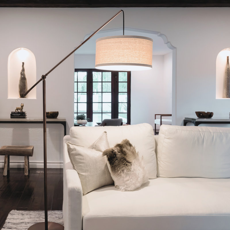 Hudson 70 in. Modern Height-Adjustable LED Tall Standing Floor Lamp with Beige Fabric Drum Shade, Bronze