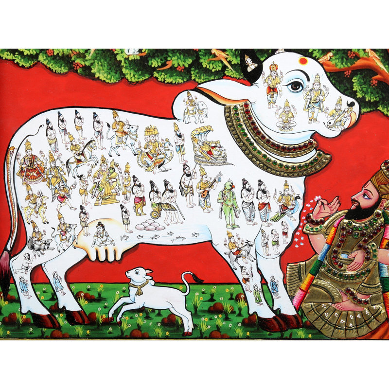 Peinture de vache Kamadhenu dans un style Tanjore vénéré par Vashishtha Muni | Avec cadre