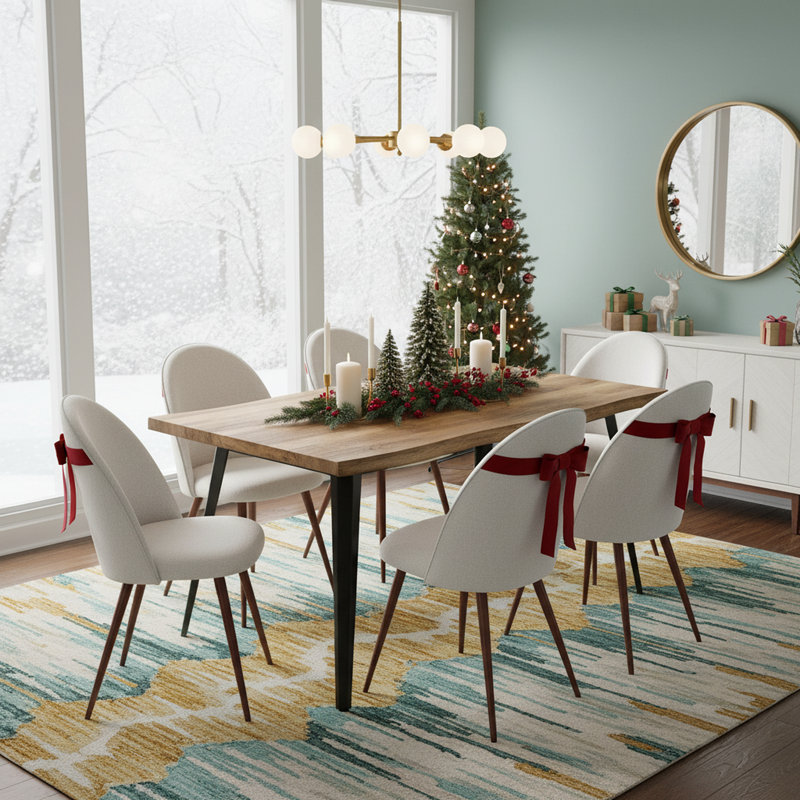 Shivani 7-Piece 63'' Rectangular Dining Set with Upholstered Chairs, Tan, Ivory