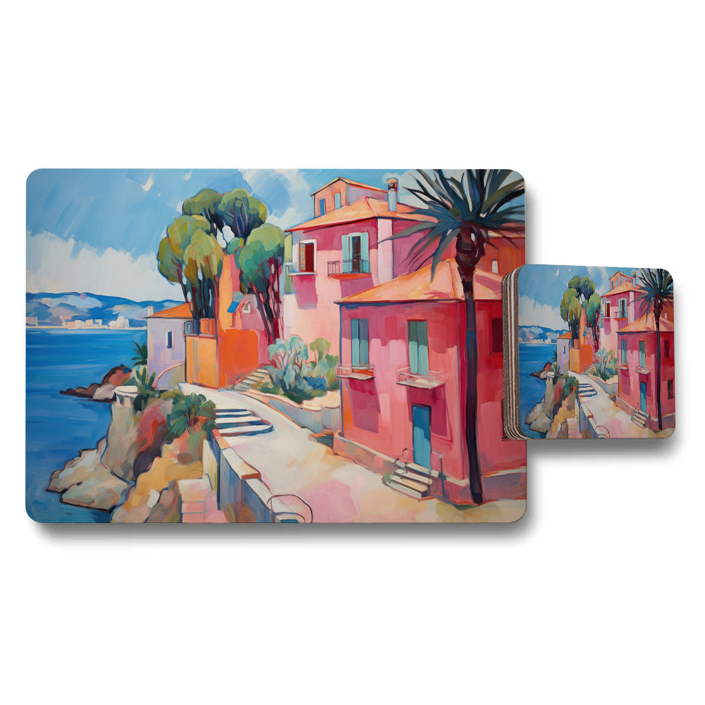 Colorful Coastal Village Placemats And Coaster Set Art Print