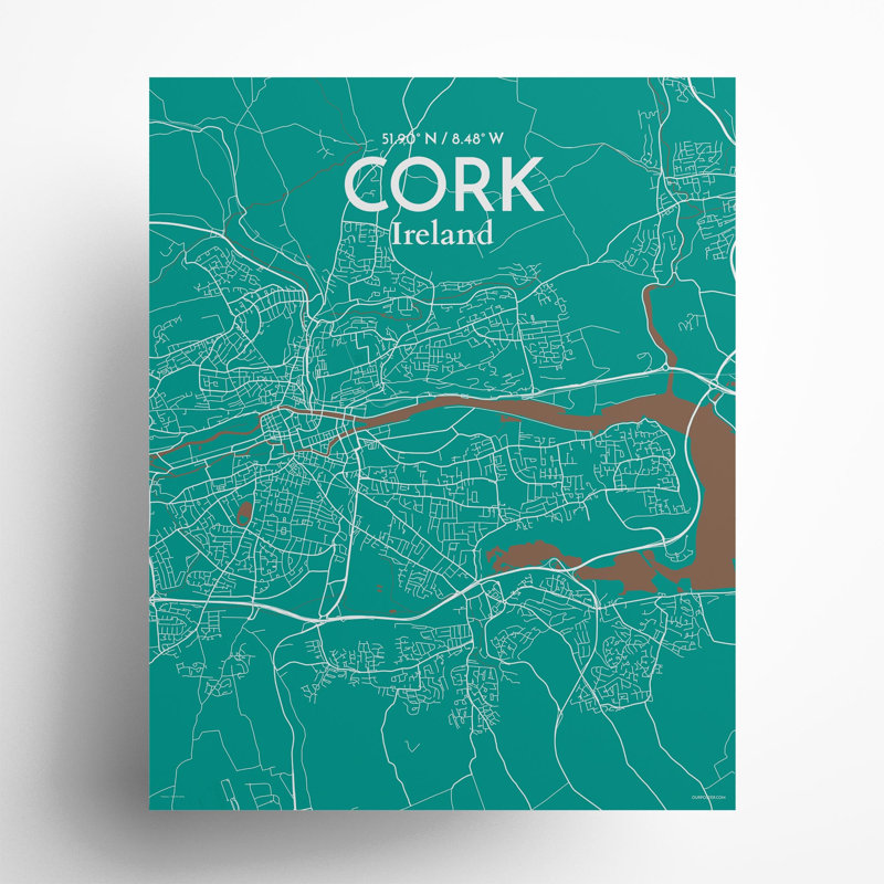 Cork City Map, impression, H 20 po x l 16 po, Vert / brun
