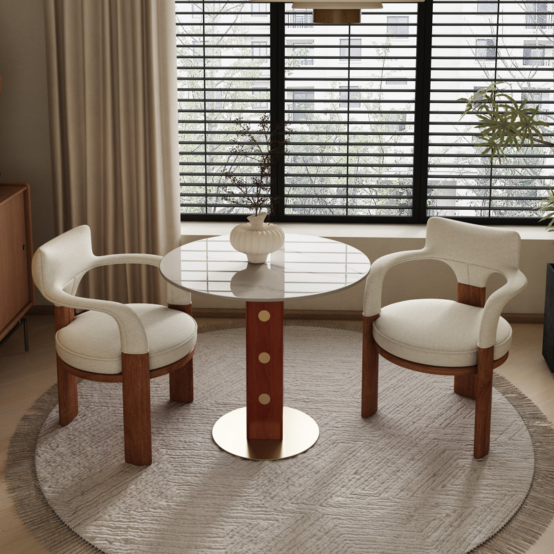 Table de salle à manger contemporaine de 33 po avec pieds en noyer et accents dorés Contemporary Luxe, Blanc