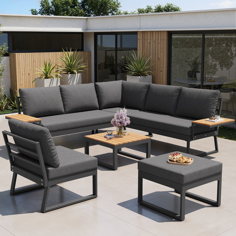 7-piece Modular Outdoor Sofa Set With Wpc Table & 10 Cm Cushions