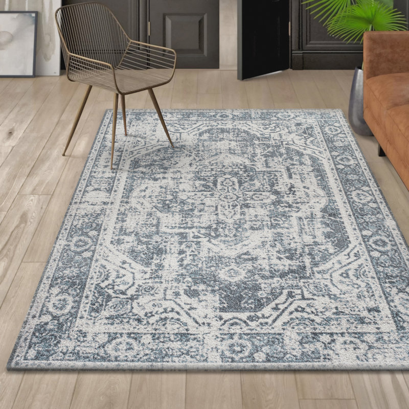 Mahinudin Bold Distressed Medallion Low-Pile Machine-Washable Cream/Blue Rug, Rectangle 7'10" x 10'