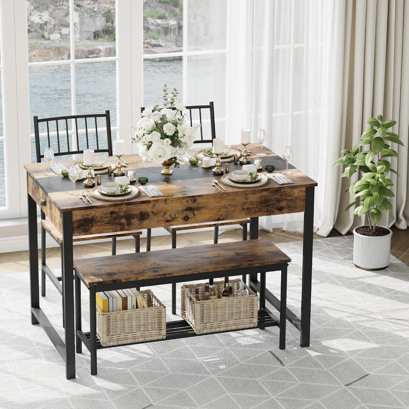 Ensemble de table et de chaises pour 4 personnes, comprenant une table de cuisine, deux chaises, un banc et des tiroirs de rangement, style rétro marron.