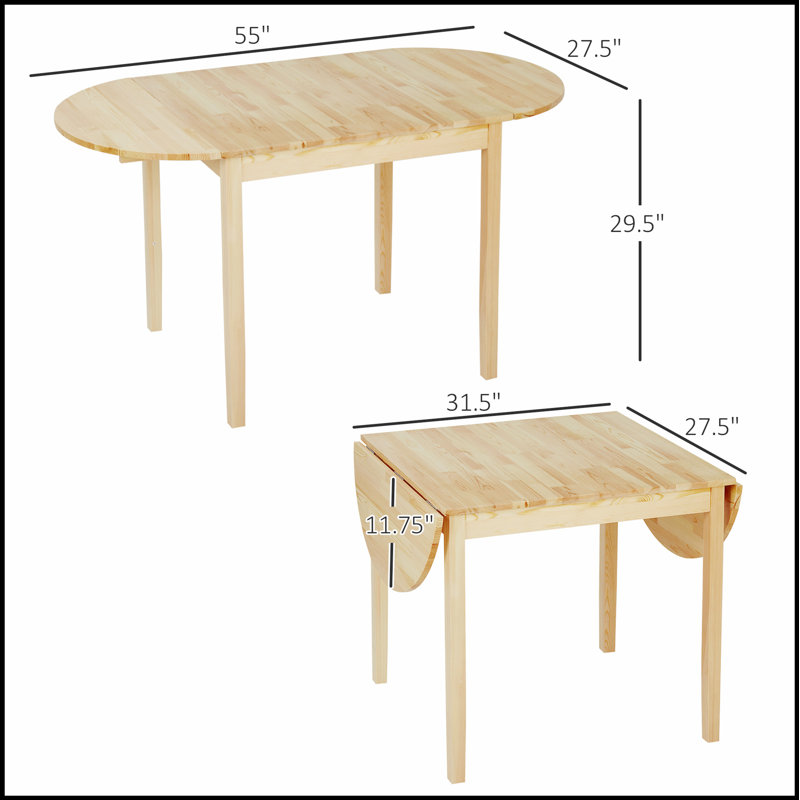 Table de cuisine en bois massif de 55 po avec abattant, parfaite pour les petits espaces et un rangement facile, Naturel
