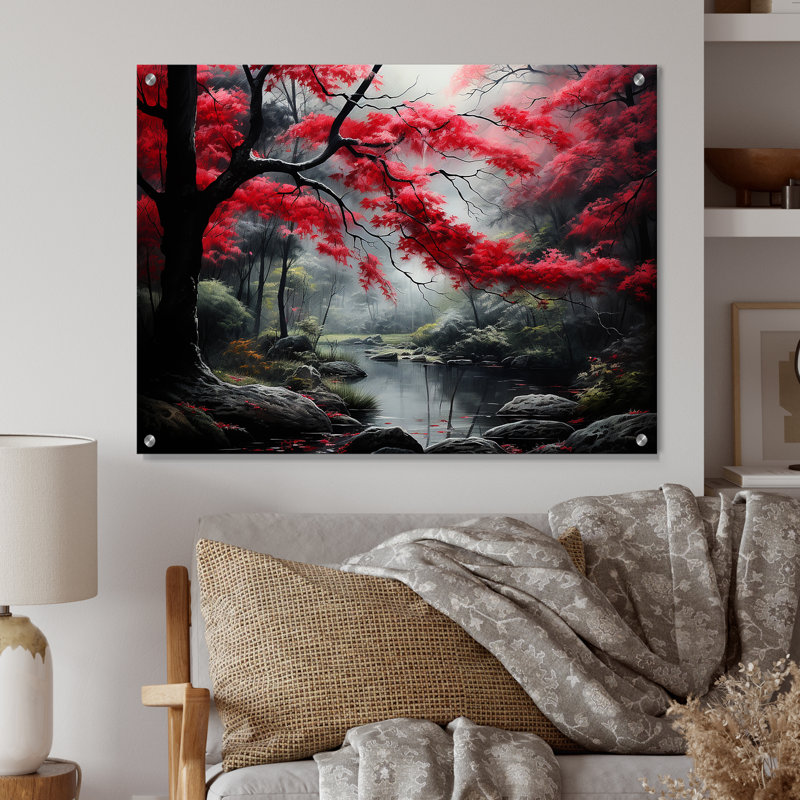 Art mural acrylique forêt rouge, H 24 po x l 32 po