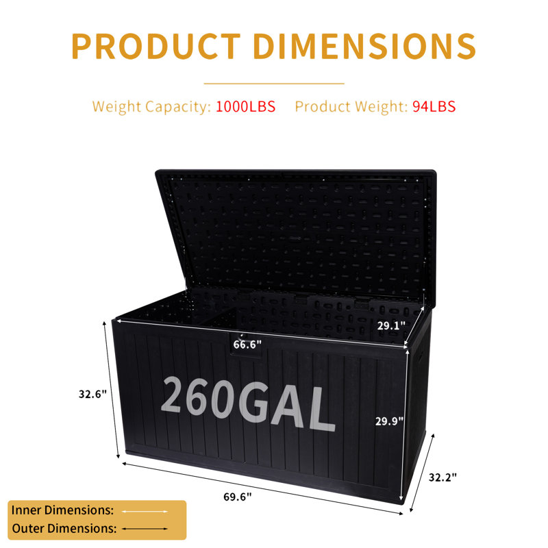 230 Gallon Resin Outdoor Deck Box Waterproof, 32.68" H x 69.68" W x 32.28" D
