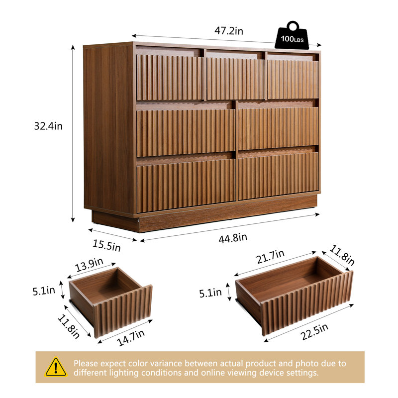 Commode double à 7 tiroirs de 47,2 po avec panneaux ondulés Dejesus, Brun
