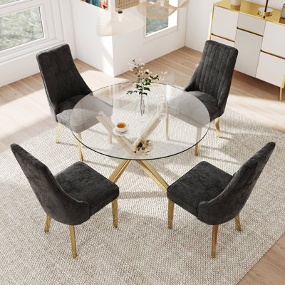 Modern Round Pedestal Dining Set with Chenille Dininig Chair