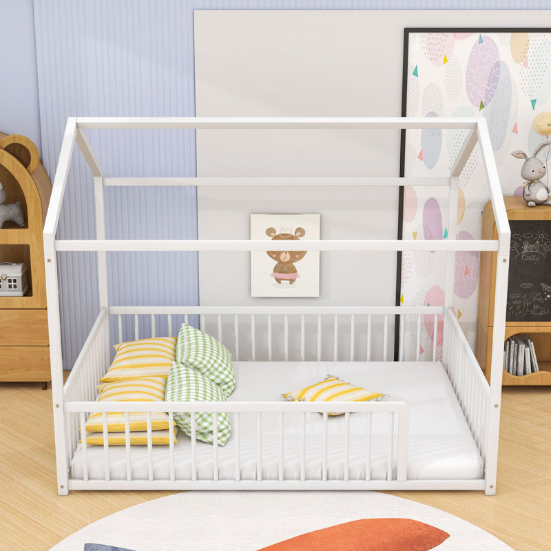 Structure de lit en métal avec clôture Montessori, Complète, Blanc