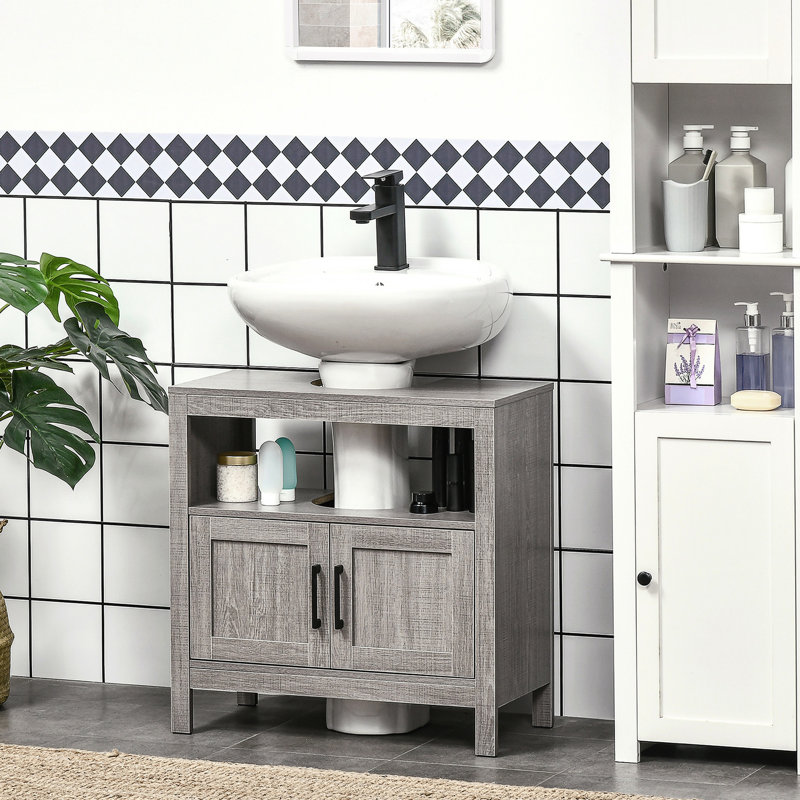 Bathroom Sink Storage With 2 Doors And Shelf, Gray Vanity Cabinet Open Shelf Unit