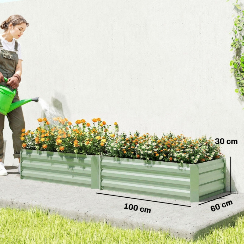 Set of 2 Steel Raised Planter Boxes, 100 x 60cm Outdoor Garden Planters, Light Green