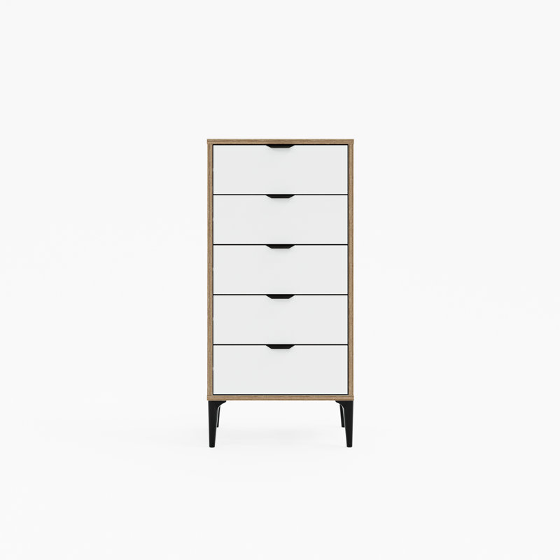 Grande commode pour femme 5 tiroirs avec bordures en bouleau exposées et poignées en métal noir, blanc