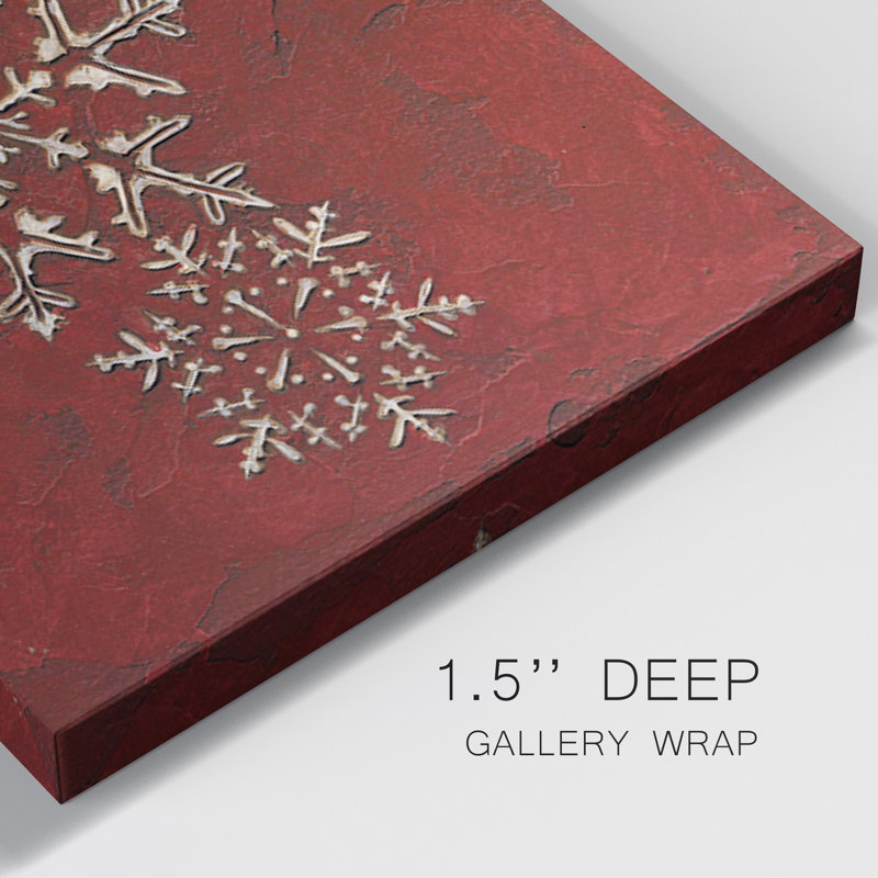 «Snowflakes On Red I», toile tendue avec châssis de qualité supérieure - Prêt à accrocher des flocons de neige sur Red I