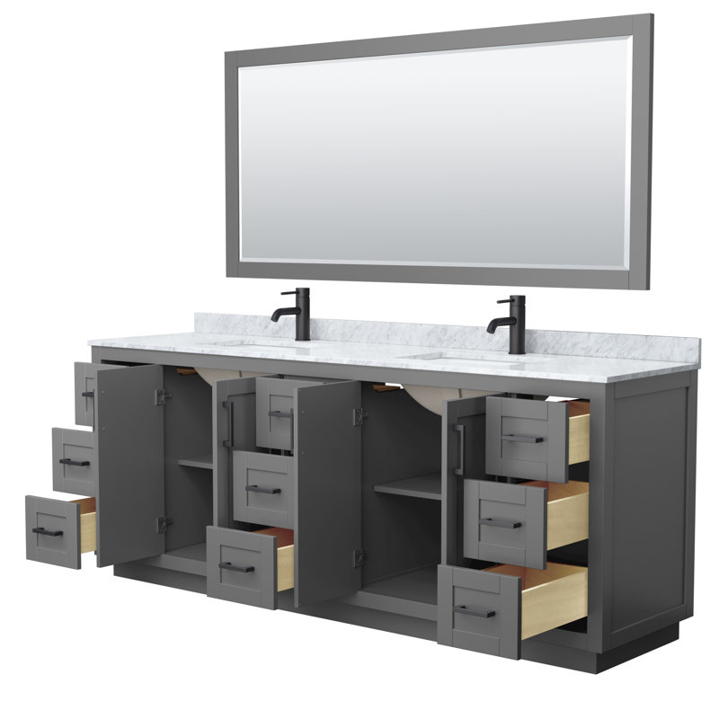 Miranda 84" Freestanding Double Bathroom Vanity with Marble Top with 70" Mirror, Dark Gray, Matte Black