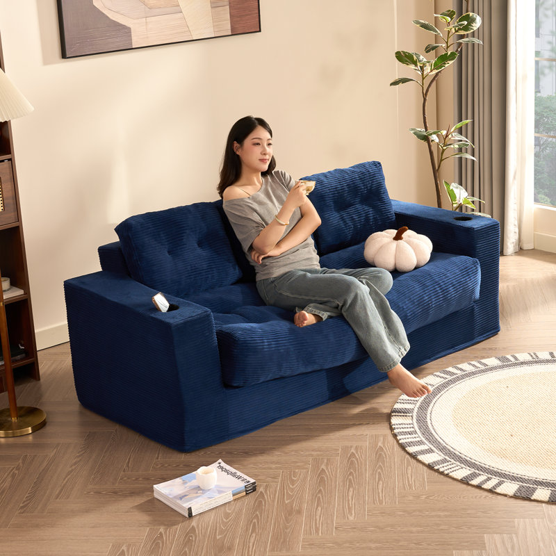 3 Seater Sofa with Cup Holders, Foam Upholstered Couch, No Assembly Required for Living Room, Navy