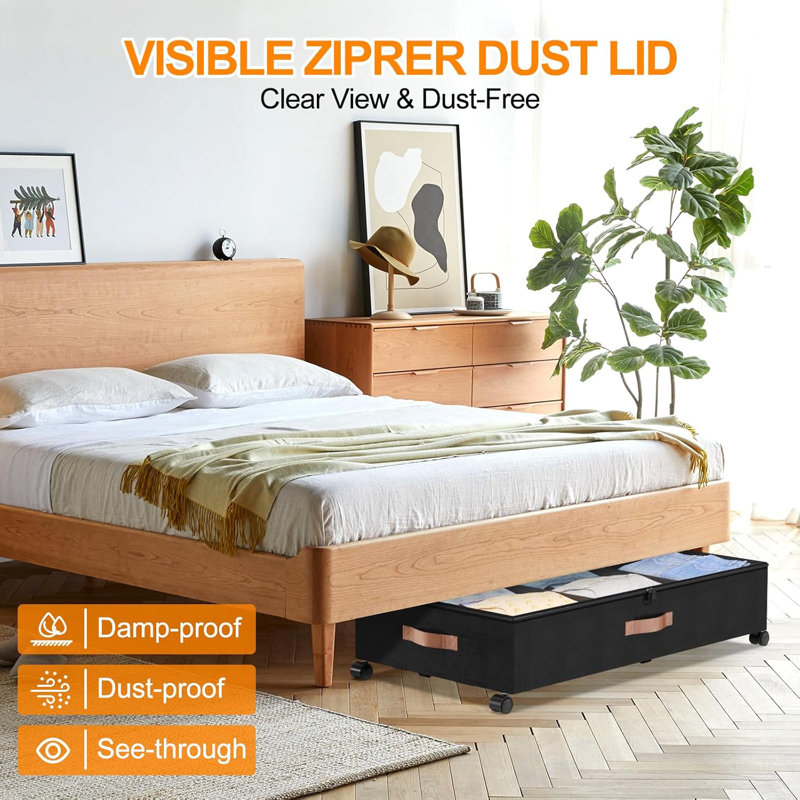 Large Black Fabric Under Bed Storage Containers with Clear Lids and Wheels