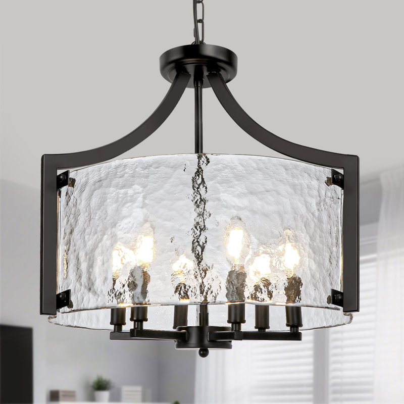 Lustre cylindrique moderne à 6 lumières de forme cylindrique avec verre texturé à l'eau: