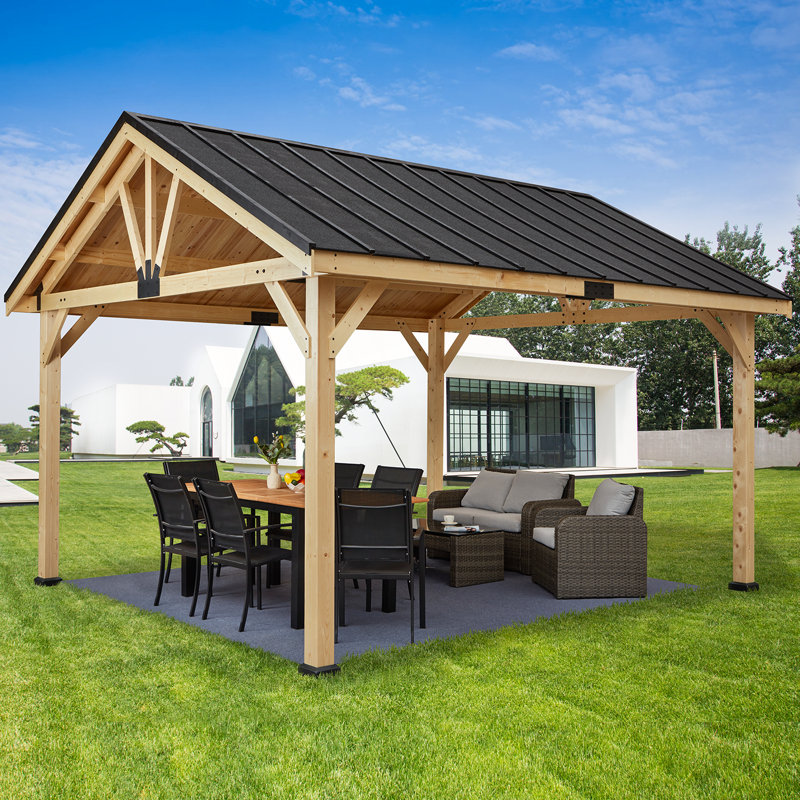 16 ft. W x 13 ft. D Outdoor Hardtop Gazebo – Solid Cedar Wood Frame with Asphalt Roof – Heavy-Duty Wood Gazebo for Patio, Deck & Lawn
